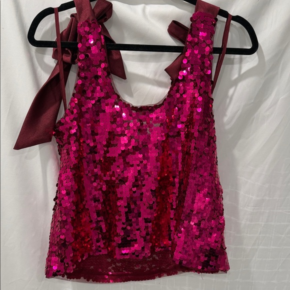 Anthropologie Maeve Pink Sequin Camisole with Bow Straps - Picture 7 of 8